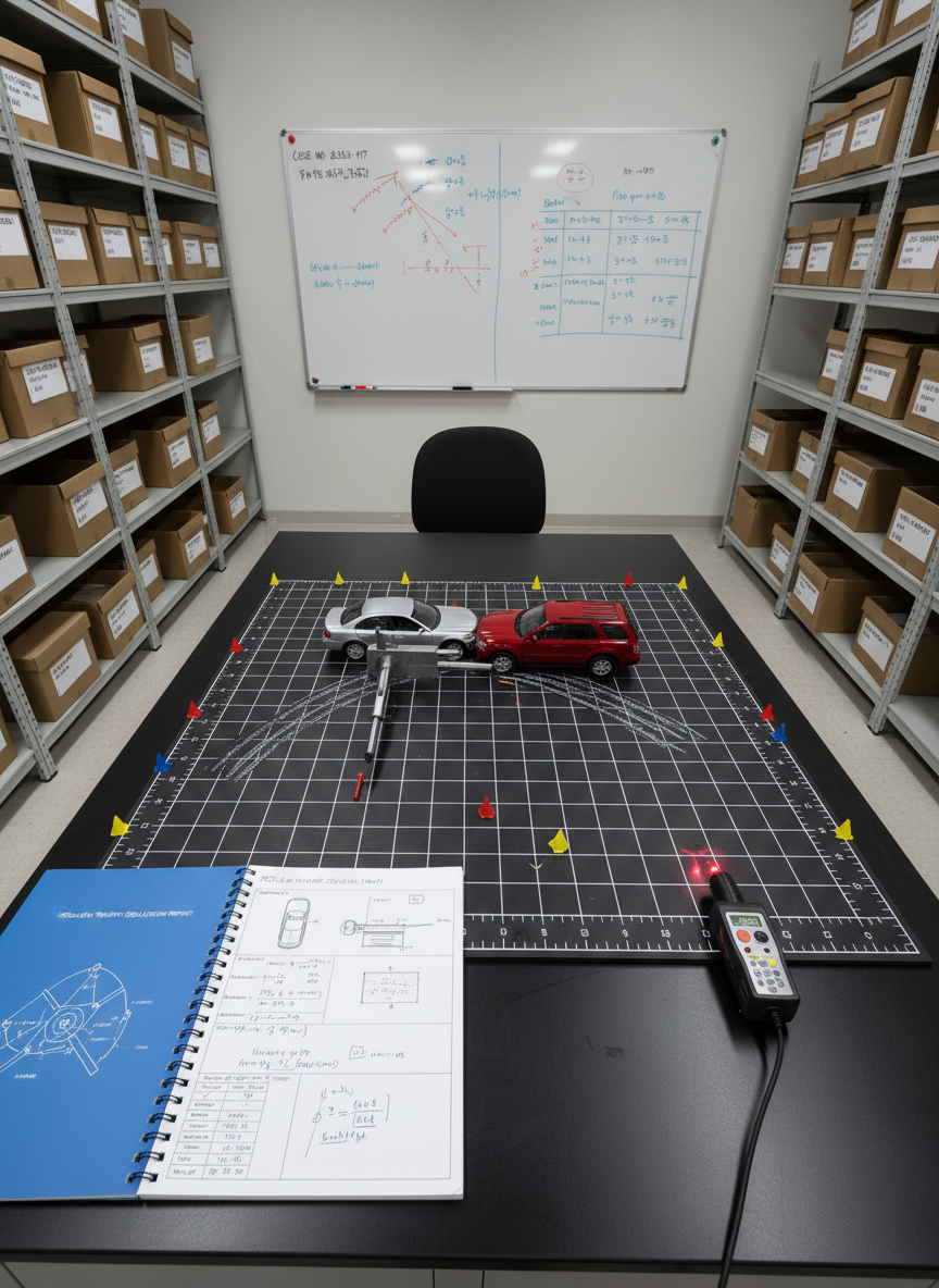 A meticulously staged tabletop scene featuring a scaled model of two vehicles in mid-collision position on a gridded matte-black board, surrounded by color-coded evidence markers, a metal caliper, and a laser distance measurer. Nearby, a spiral-bound collision reconstruction report lies open, revealing detailed diagrams and velocity calculations. The environment is a dedicated forensic analysis lab with neutral walls, organized shelving of labeled evidence boxes, and a large whiteboard covered in neatly drawn trajectories. Cool, even studio lighting from above eliminates harsh shadows, highlighting every surface detail. Photographic realism with a top-down, bird’s-eye composition, sharp focus throughout, conveying technical rigor and objective, science-based collision consulting.
