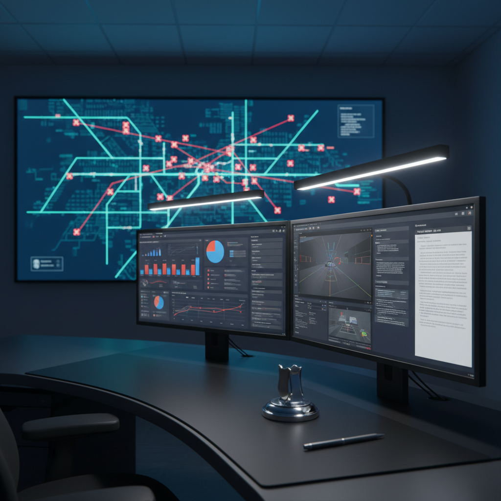A large, wall-mounted digital map showing a city grid with highlighted routes and collision markers, displayed in a sleek, dimly lit operations room. Below it, a streamlined workstation features dual monitors with analytical charts, collision reconstruction software, and policy review documents on screen. A closed metallic badge-shaped paperweight rests beside a mechanical pencil on a matte black desk. Cool, focused overhead LED lighting creates a calm, analytical atmosphere, with subtle reflections on the monitor bezels. Photographic realism, shot from a slightly elevated angle, with sharp clarity on the primary monitor and a gentle falloff into the surrounding equipment, emphasizing precision and data-driven law enforcement consulting.